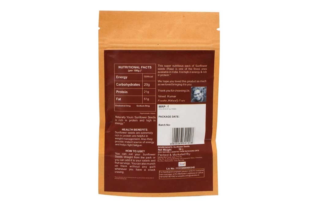 Naturally yours Sunflower Seeds Raw   Pack  500 grams